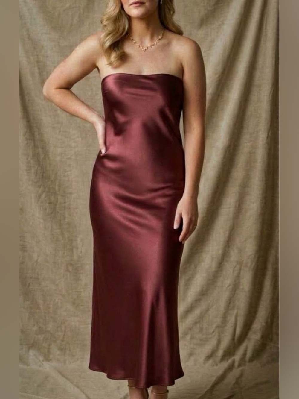 Steven Madden Spiced Apple Satin Strapless Ankle Maxi Dress: Medium